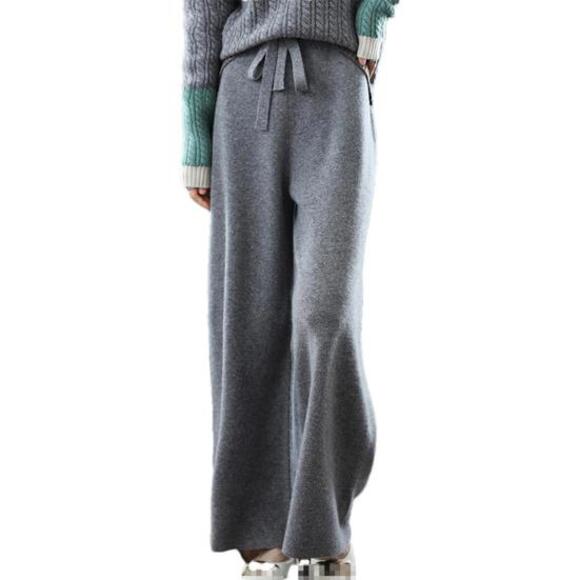 New 100% Merino Knit Wide Leg Pants Long‎ Drawstring, Gray  M - Picture 8 of 9